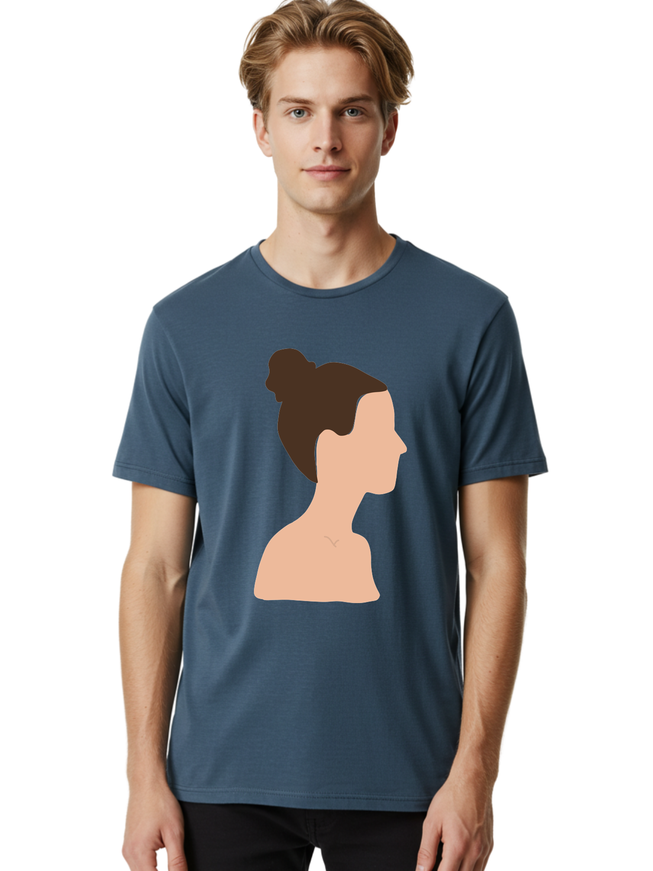 Woman-Profile-1 Men'S Graphic Tee, 100% Cotton, Comfortable Casual Summer Wear, Machine Washable, Woman Profile, Minimalist Portrait, Simple Illustration, Dark Hair, Bun Hairstyle, Featureless Face, Bare Shoulders, Clean Design, Modern Art Aae064