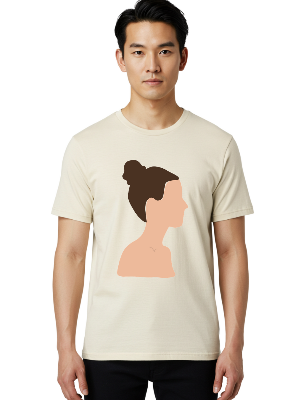 Woman-Profile-1 Men'S Graphic Tee, 100% Cotton, Comfortable Casual Summer Wear, Machine Washable, Woman Profile, Minimalist Portrait, Simple Illustration, Dark Hair, Bun Hairstyle, Featureless Face, Bare Shoulders, Clean Design, Modern Art Aae064
