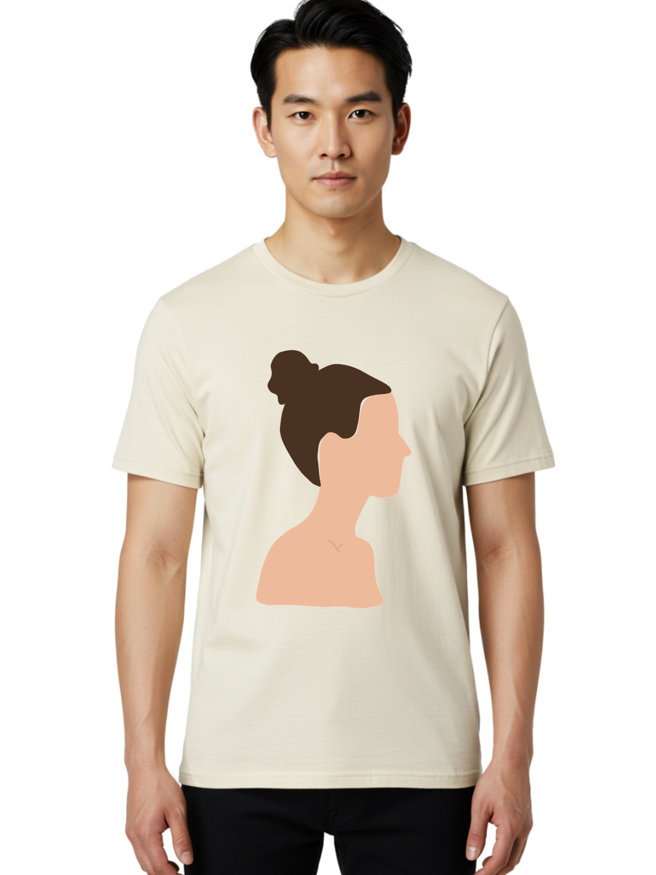 Woman-Profile-1 Men'S Graphic Tee, 100% Cotton, Comfortable Casual Summer Wear, Machine Washable, Woman Profile, Minimalist Portrait, Simple Illustration, Dark Hair, Bun Hairstyle, Featureless Face, Bare Shoulders, Clean Design, Modern Art Aae064