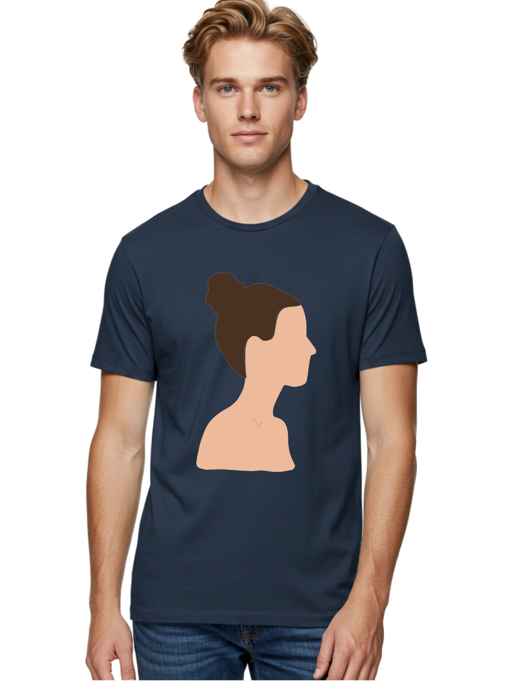 Woman-Profile-1 Men'S Graphic Tee, 100% Cotton, Comfortable Casual Summer Wear, Machine Washable, Woman Profile, Minimalist Portrait, Simple Illustration, Dark Hair, Bun Hairstyle, Featureless Face, Bare Shoulders, Clean Design, Modern Art Aae064