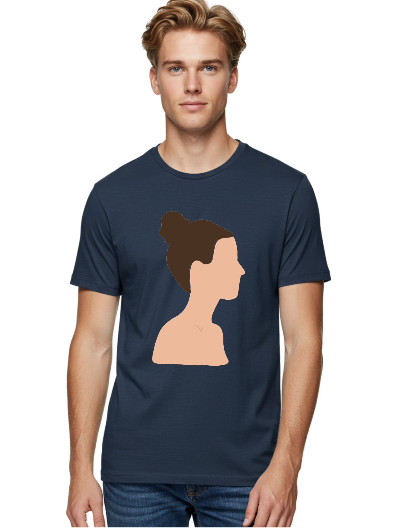 Woman-Profile-1 Men'S Graphic Tee, 100% Cotton, Comfortable Casual Summer Wear, Machine Washable, Woman Profile, Minimalist Portrait, Simple Illustration, Dark Hair, Bun Hairstyle, Featureless Face, Bare Shoulders, Clean Design, Modern Art Aae064