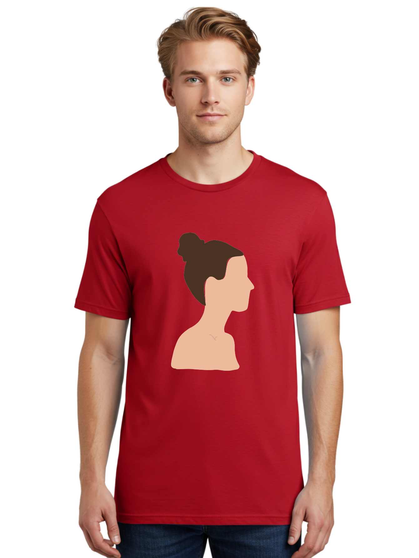 Woman-Profile-1 Men'S Graphic Tee, 100% Cotton, Comfortable Casual Summer Wear, Machine Washable, Woman Profile, Minimalist Portrait, Simple Illustration, Dark Hair, Bun Hairstyle, Featureless Face, Bare Shoulders, Clean Design, Modern Art Aae064