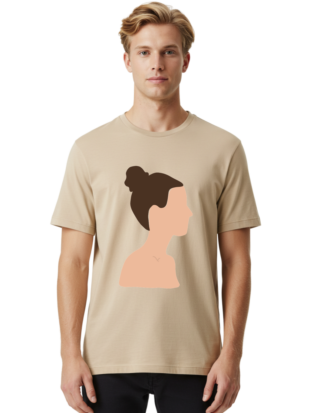 Woman-Profile-1 Men'S Graphic Tee, 100% Cotton, Comfortable Casual Summer Wear, Machine Washable, Woman Profile, Minimalist Portrait, Simple Illustration, Dark Hair, Bun Hairstyle, Featureless Face, Bare Shoulders, Clean Design, Modern Art Aae064