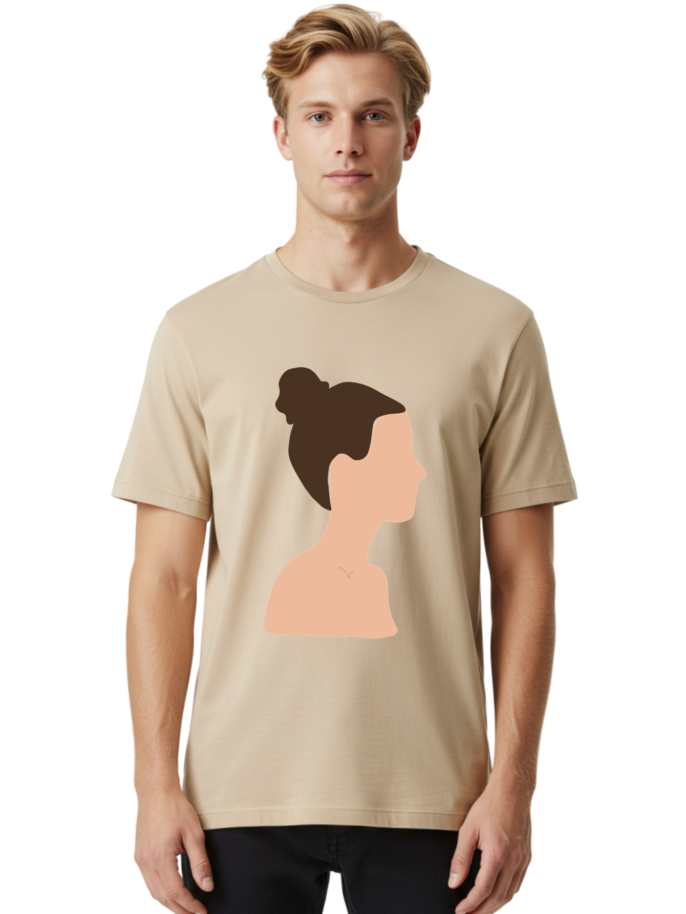 Woman-Profile-1 Men'S Graphic Tee, 100% Cotton, Comfortable Casual Summer Wear, Machine Washable, Woman Profile, Minimalist Portrait, Simple Illustration, Dark Hair, Bun Hairstyle, Featureless Face, Bare Shoulders, Clean Design, Modern Art Aae064