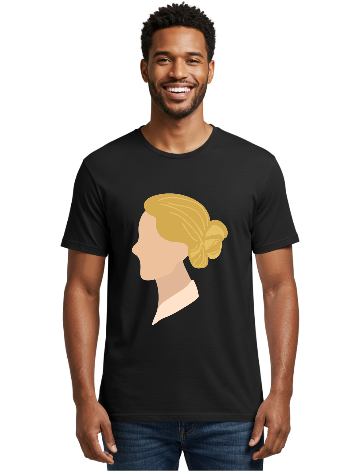 Woman-Profile Men'S Graphic Tee, 100% Cotton, Comfortable Casual Summer Wear, Machine Washable, Blonde Woman, Side Profile, Minimalist Design, Clean Lines, Simple Shapes, Elegant Hairstyle, Professional Illustration, Modern Art, Female Profile Aae065