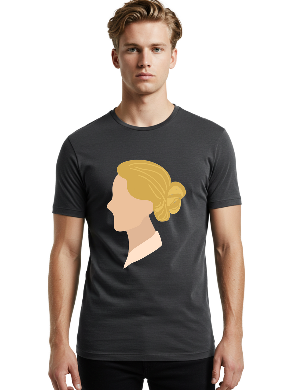 Woman-Profile Men'S Graphic Tee, 100% Cotton, Comfortable Casual Summer Wear, Machine Washable, Blonde Woman, Side Profile, Minimalist Design, Clean Lines, Simple Shapes, Elegant Hairstyle, Professional Illustration, Modern Art, Female Profile Aae065