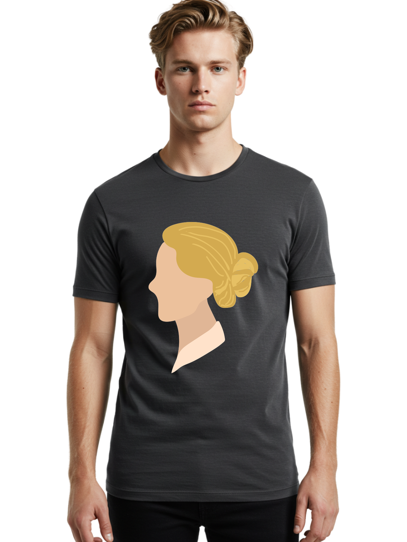 Woman-Profile Men'S Graphic Tee, 100% Cotton, Comfortable Casual Summer Wear, Machine Washable, Blonde Woman, Side Profile, Minimalist Design, Clean Lines, Simple Shapes, Elegant Hairstyle, Professional Illustration, Modern Art, Female Profile Aae065