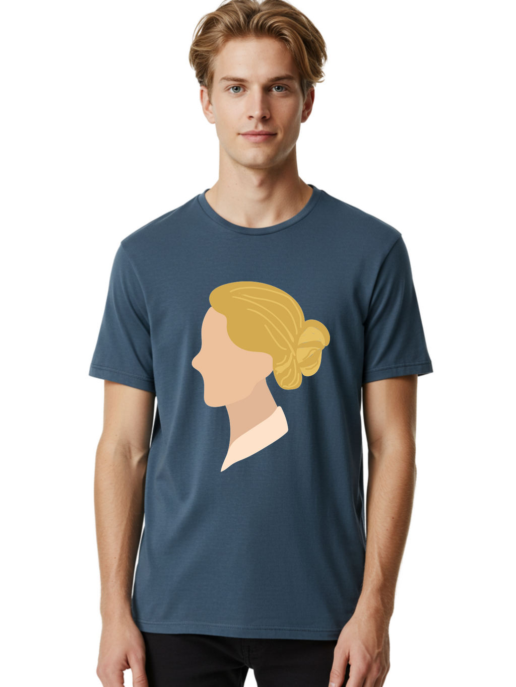 Woman-Profile Men'S Graphic Tee, 100% Cotton, Comfortable Casual Summer Wear, Machine Washable, Blonde Woman, Side Profile, Minimalist Design, Clean Lines, Simple Shapes, Elegant Hairstyle, Professional Illustration, Modern Art, Female Profile Aae065