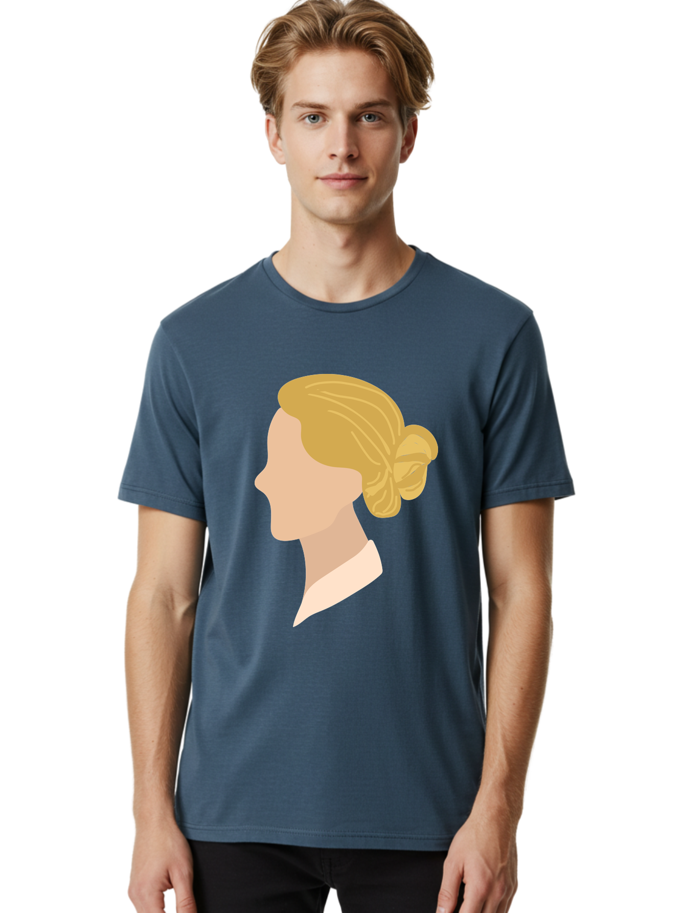 Woman-Profile Men'S Graphic Tee, 100% Cotton, Comfortable Casual Summer Wear, Machine Washable, Blonde Woman, Side Profile, Minimalist Design, Clean Lines, Simple Shapes, Elegant Hairstyle, Professional Illustration, Modern Art, Female Profile Aae065