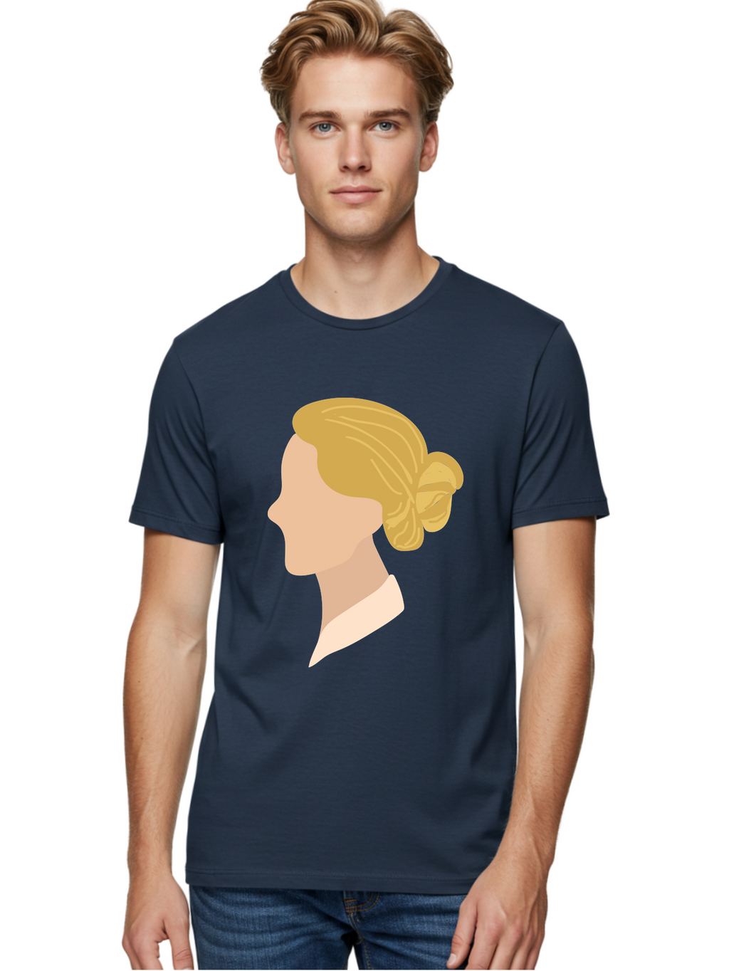 Woman-Profile Men'S Graphic Tee, 100% Cotton, Comfortable Casual Summer Wear, Machine Washable, Blonde Woman, Side Profile, Minimalist Design, Clean Lines, Simple Shapes, Elegant Hairstyle, Professional Illustration, Modern Art, Female Profile Aae065