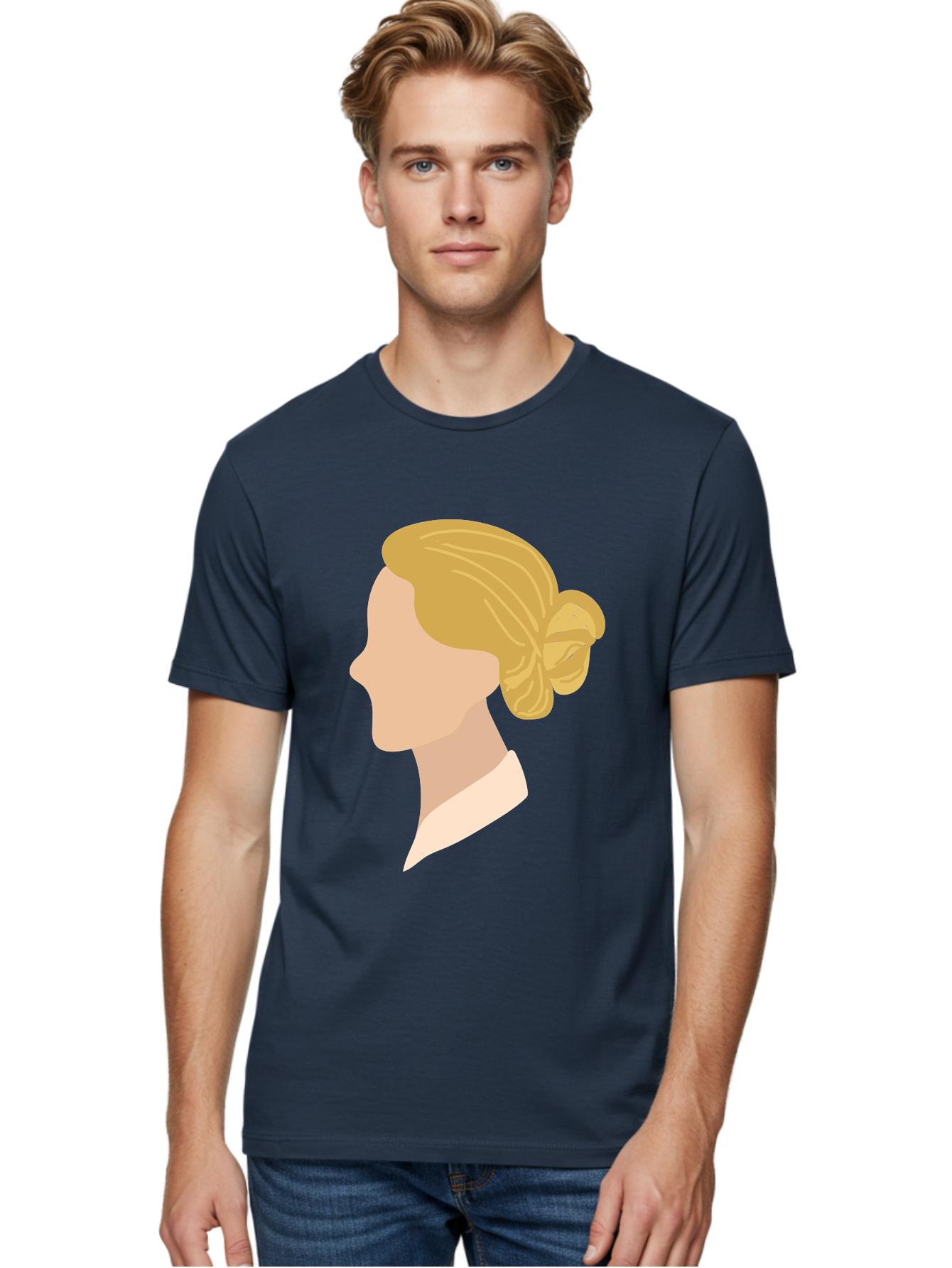 Woman-Profile Men'S Graphic Tee, 100% Cotton, Comfortable Casual Summer Wear, Machine Washable, Blonde Woman, Side Profile, Minimalist Design, Clean Lines, Simple Shapes, Elegant Hairstyle, Professional Illustration, Modern Art, Female Profile Aae065