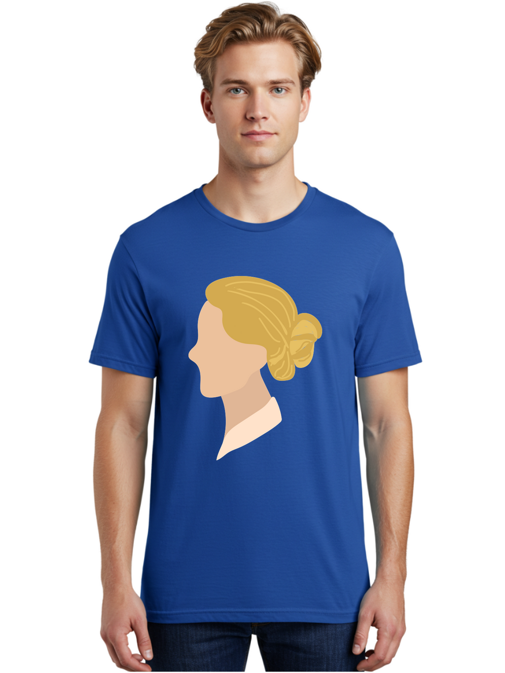 Woman-Profile Men'S Graphic Tee, 100% Cotton, Comfortable Casual Summer Wear, Machine Washable, Blonde Woman, Side Profile, Minimalist Design, Clean Lines, Simple Shapes, Elegant Hairstyle, Professional Illustration, Modern Art, Female Profile Aae065