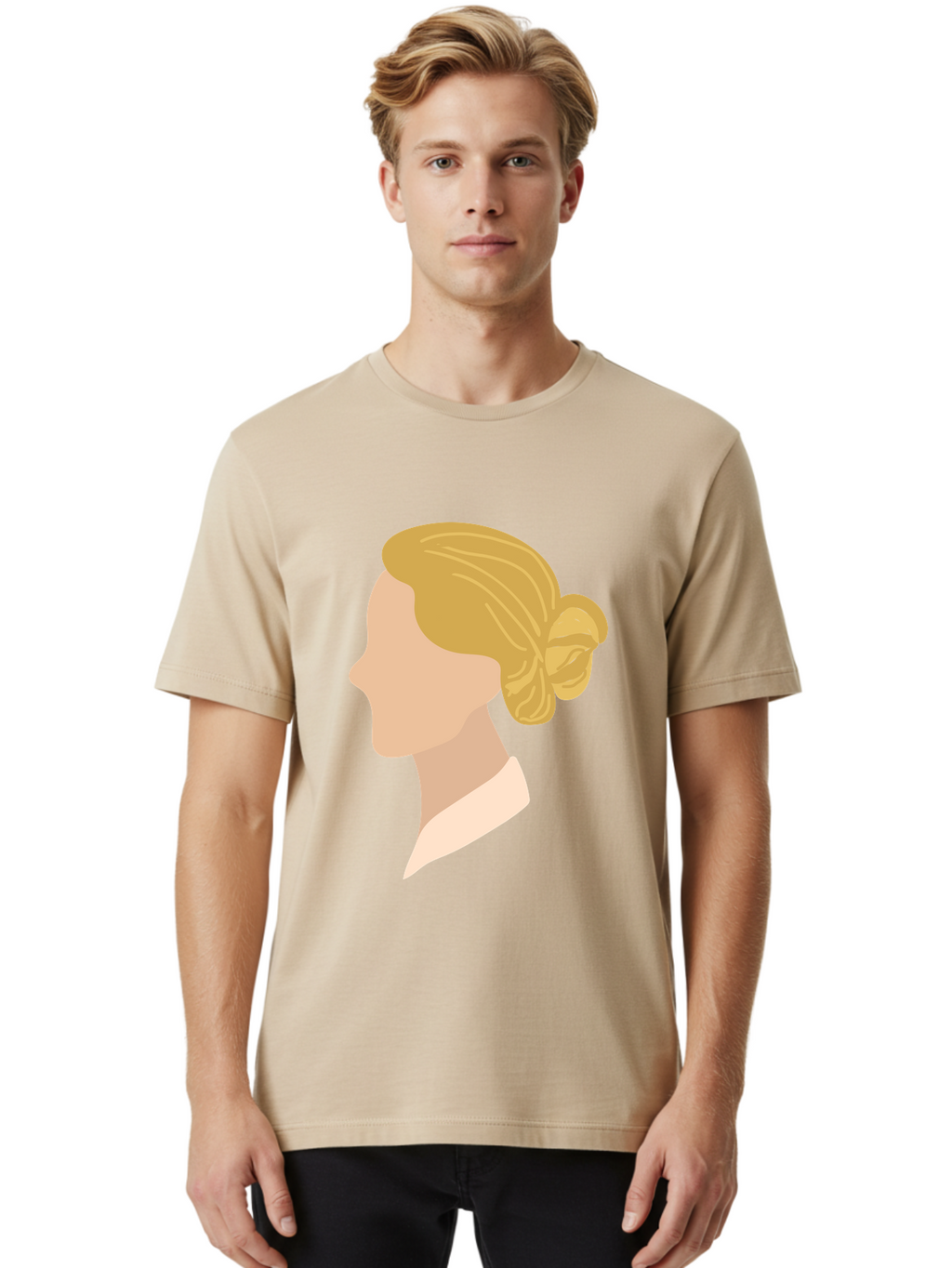 Woman-Profile Men'S Graphic Tee, 100% Cotton, Comfortable Casual Summer Wear, Machine Washable, Blonde Woman, Side Profile, Minimalist Design, Clean Lines, Simple Shapes, Elegant Hairstyle, Professional Illustration, Modern Art, Female Profile Aae065
