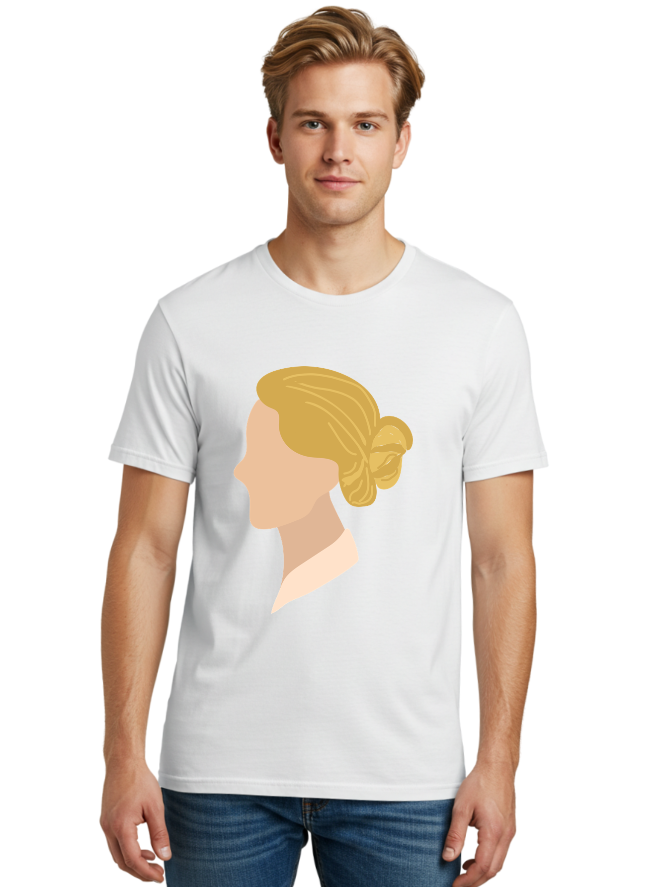Woman-Profile Men'S Graphic Tee, 100% Cotton, Comfortable Casual Summer Wear, Machine Washable, Blonde Woman, Side Profile, Minimalist Design, Clean Lines, Simple Shapes, Elegant Hairstyle, Professional Illustration, Modern Art, Female Profile Aae065