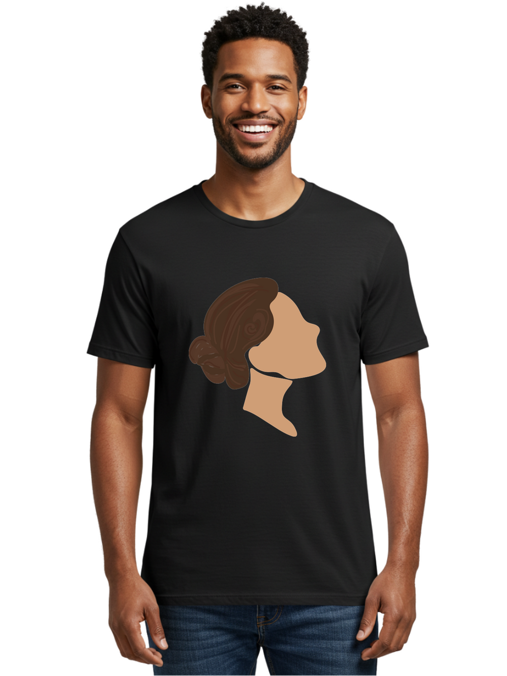Woman-S-Profile Men'S Graphic Tee, 100% Cotton, Comfortable Casual Summer Wear, Machine Washable, Woman'S Silhouette, Profile View, Brunette Hair, Elegant Hairstyle, Simple Design, Minimalist Art, Female Figure Aae066