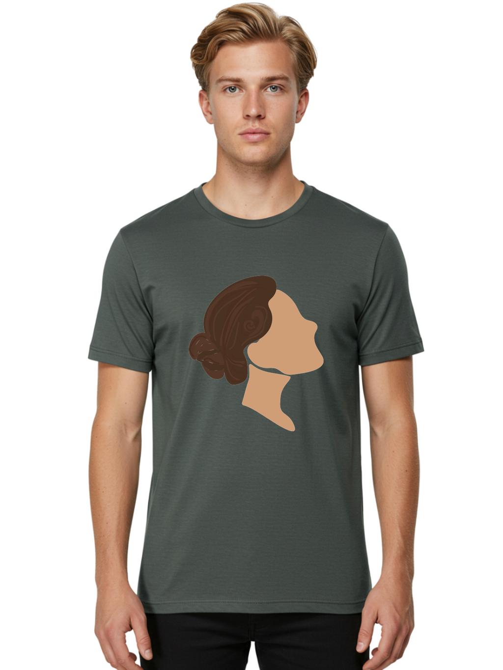 Woman-S-Profile Men'S Graphic Tee, 100% Cotton, Comfortable Casual Summer Wear, Machine Washable, Woman'S Silhouette, Profile View, Brunette Hair, Elegant Hairstyle, Simple Design, Minimalist Art, Female Figure Aae066