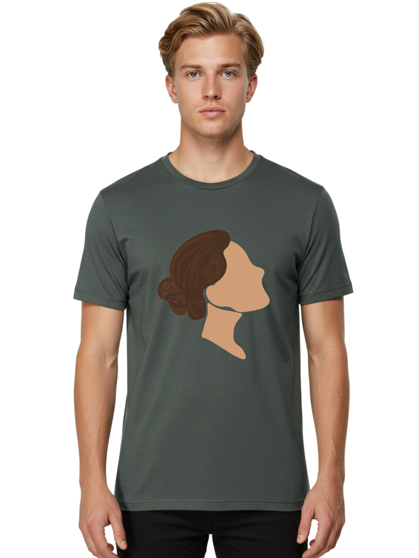 Woman-S-Profile Men'S Graphic Tee, 100% Cotton, Comfortable Casual Summer Wear, Machine Washable, Woman'S Silhouette, Profile View, Brunette Hair, Elegant Hairstyle, Simple Design, Minimalist Art, Female Figure Aae066