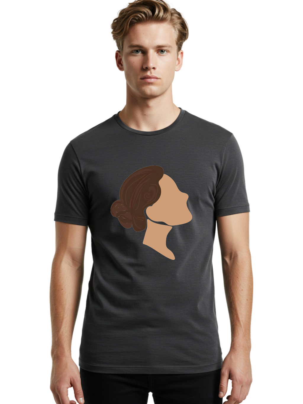 Woman-S-Profile Men'S Graphic Tee, 100% Cotton, Comfortable Casual Summer Wear, Machine Washable, Woman'S Silhouette, Profile View, Brunette Hair, Elegant Hairstyle, Simple Design, Minimalist Art, Female Figure Aae066
