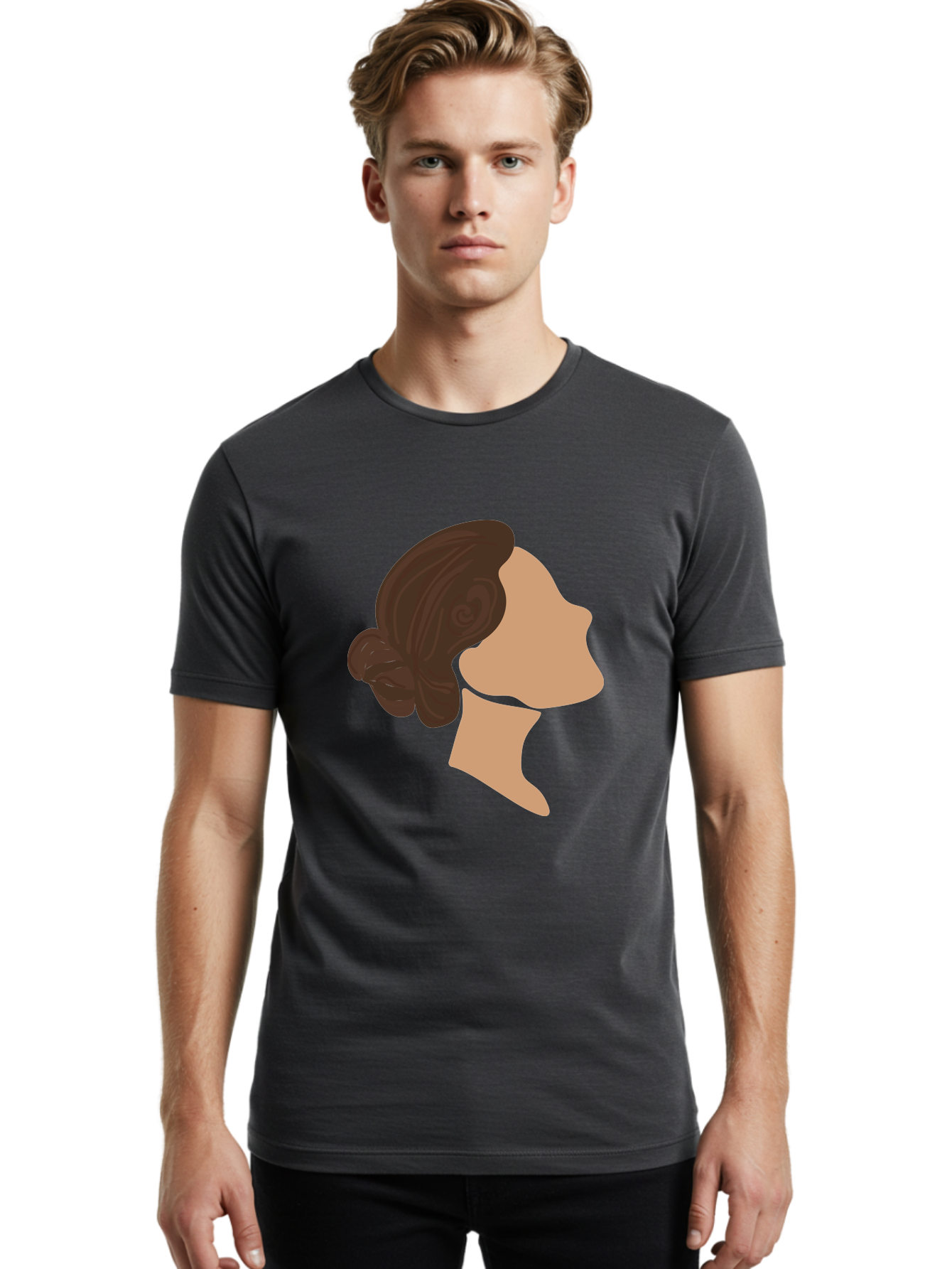 Woman-S-Profile Men'S Graphic Tee, 100% Cotton, Comfortable Casual Summer Wear, Machine Washable, Woman'S Silhouette, Profile View, Brunette Hair, Elegant Hairstyle, Simple Design, Minimalist Art, Female Figure Aae066