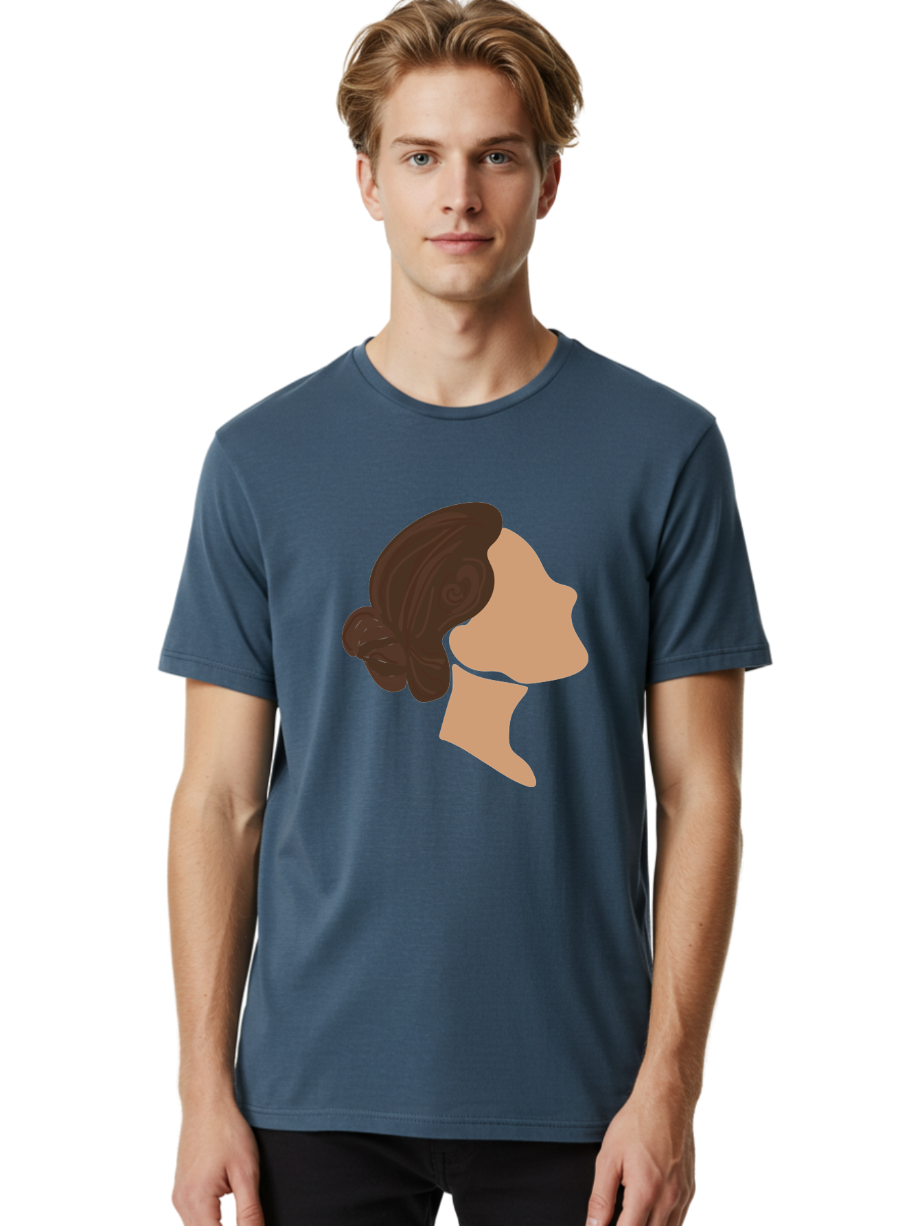 Woman-S-Profile Men'S Graphic Tee, 100% Cotton, Comfortable Casual Summer Wear, Machine Washable, Woman'S Silhouette, Profile View, Brunette Hair, Elegant Hairstyle, Simple Design, Minimalist Art, Female Figure Aae066