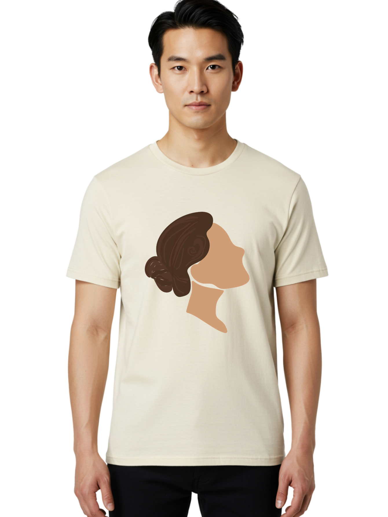 Woman-S-Profile Men'S Graphic Tee, 100% Cotton, Comfortable Casual Summer Wear, Machine Washable, Woman'S Silhouette, Profile View, Brunette Hair, Elegant Hairstyle, Simple Design, Minimalist Art, Female Figure Aae066