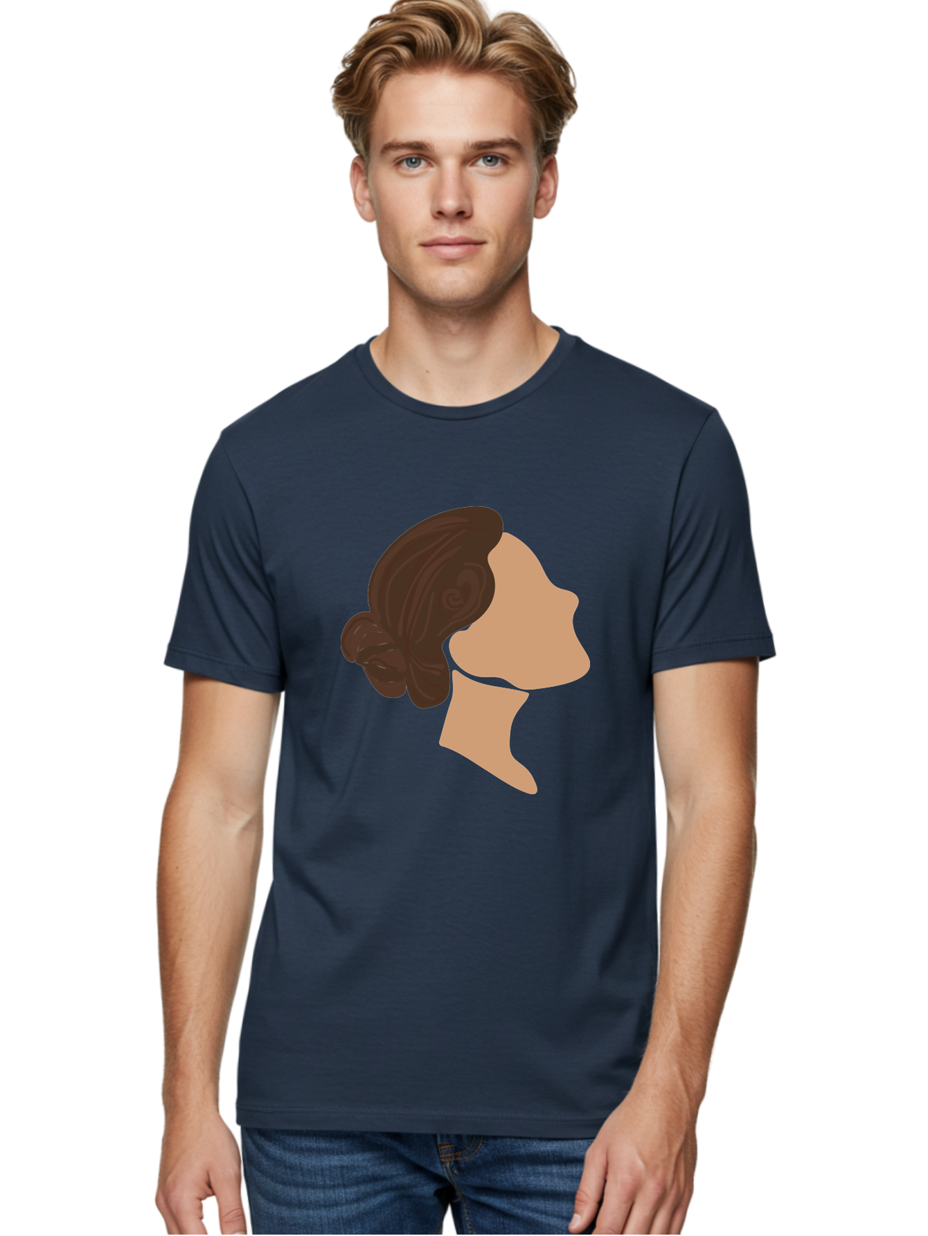 Woman-S-Profile Men'S Graphic Tee, 100% Cotton, Comfortable Casual Summer Wear, Machine Washable, Woman'S Silhouette, Profile View, Brunette Hair, Elegant Hairstyle, Simple Design, Minimalist Art, Female Figure Aae066