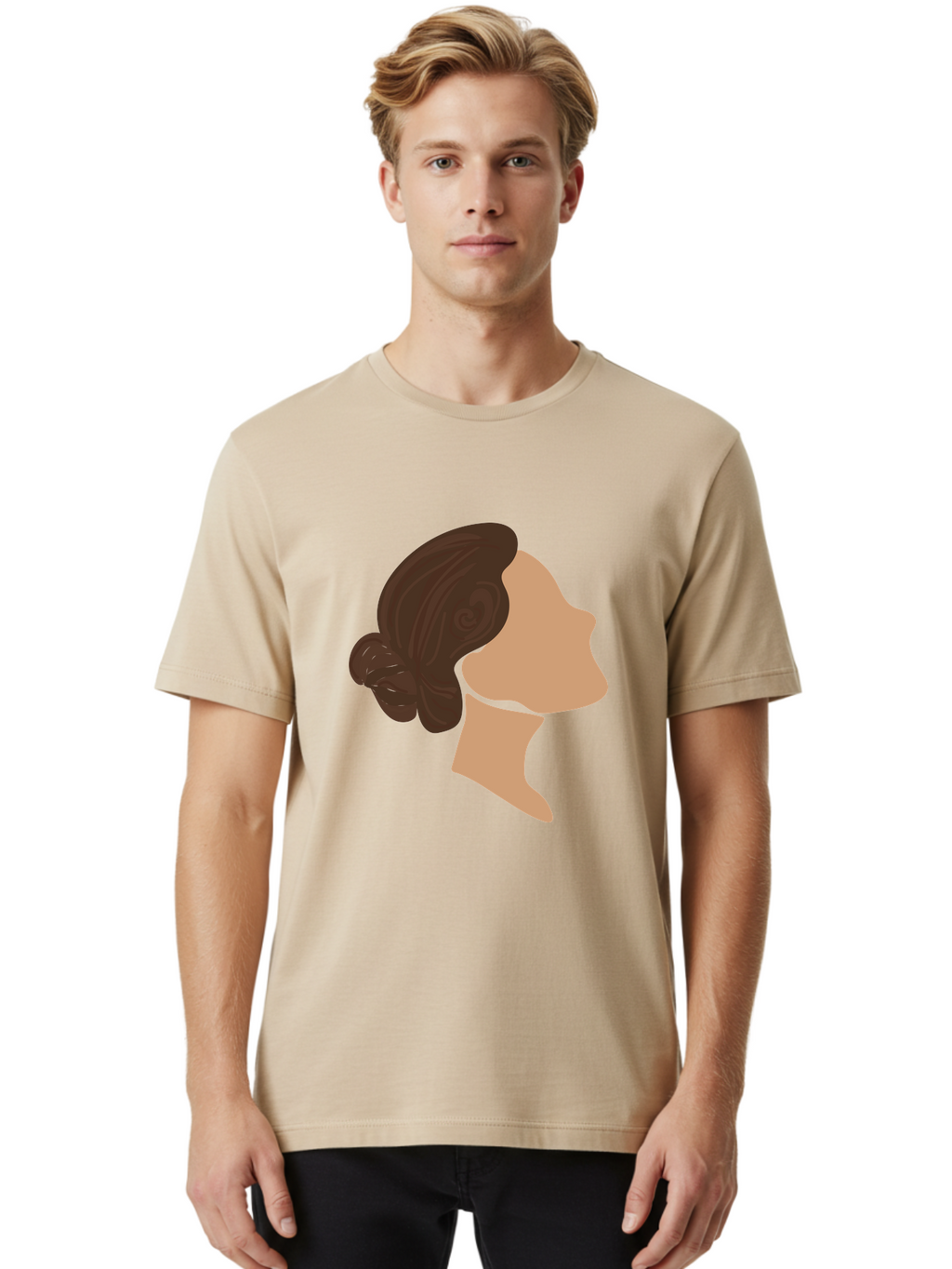 Woman-S-Profile Men'S Graphic Tee, 100% Cotton, Comfortable Casual Summer Wear, Machine Washable, Woman'S Silhouette, Profile View, Brunette Hair, Elegant Hairstyle, Simple Design, Minimalist Art, Female Figure Aae066