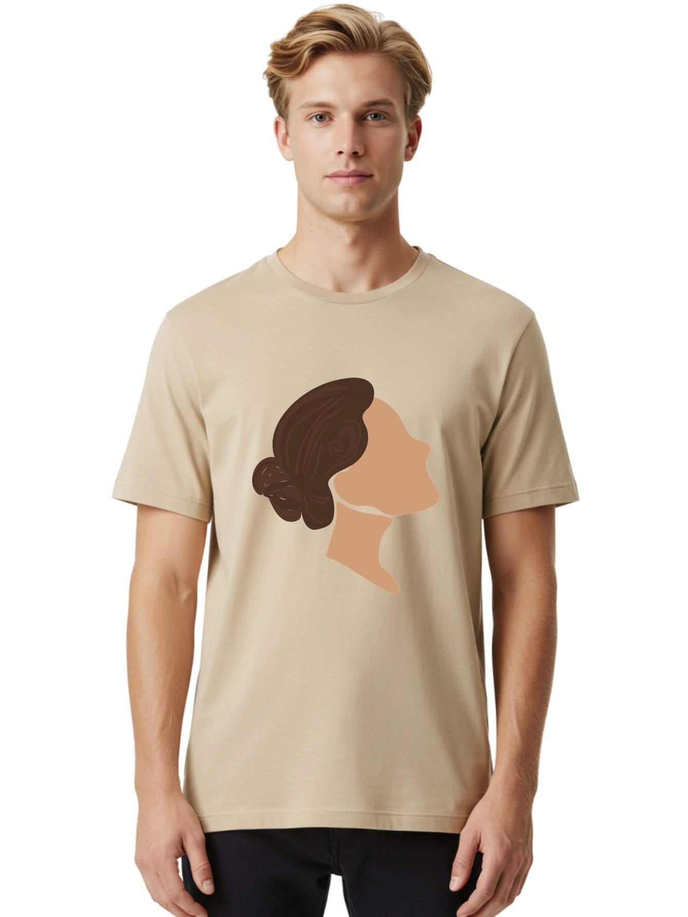 Woman-S-Profile Men'S Graphic Tee, 100% Cotton, Comfortable Casual Summer Wear, Machine Washable, Woman'S Silhouette, Profile View, Brunette Hair, Elegant Hairstyle, Simple Design, Minimalist Art, Female Figure Aae066