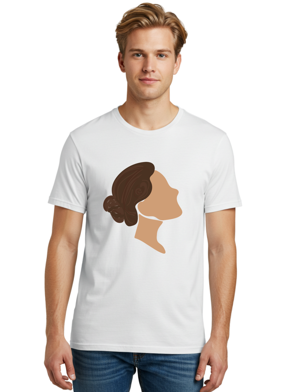 Woman-S-Profile Men'S Graphic Tee, 100% Cotton, Comfortable Casual Summer Wear, Machine Washable, Woman'S Silhouette, Profile View, Brunette Hair, Elegant Hairstyle, Simple Design, Minimalist Art, Female Figure Aae066