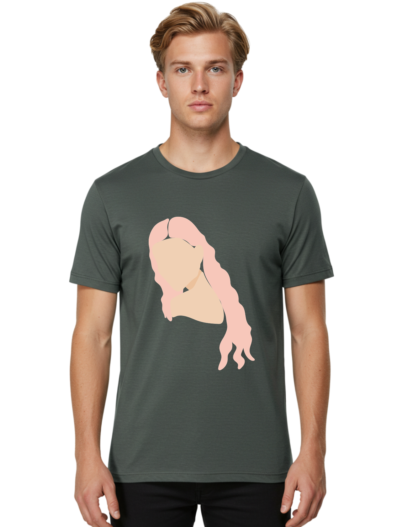 Woman-Silhouette Men'S Graphic Tee, 100% Cotton, Comfortable Casual Summer Wear, Machine Washable, Woman Portrait, Pink Silhouette, Wavy Hair, Minimalist Design, Modern Art, Portrait Illustration, Soft Pink Tones, Simple Shapes Aae067