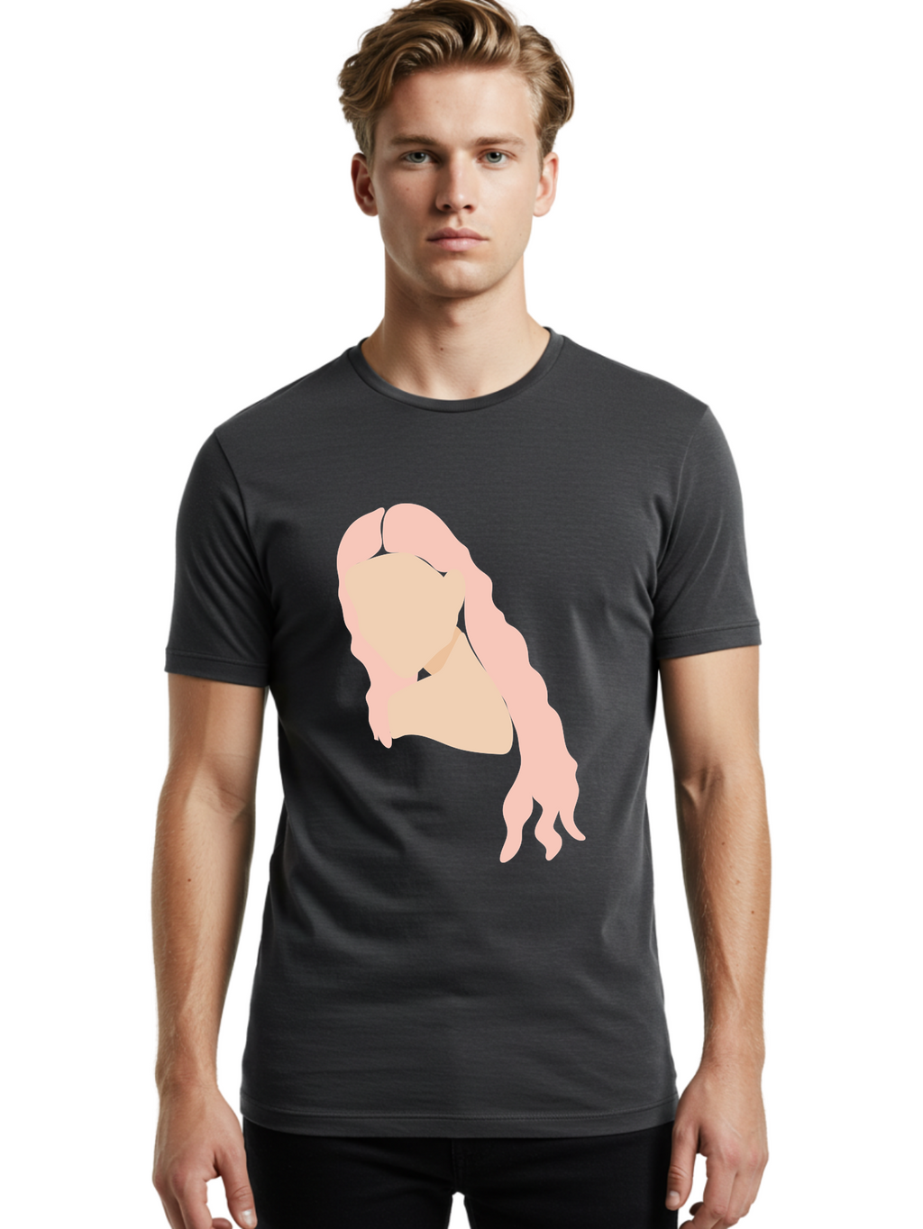Woman-Silhouette Men'S Graphic Tee, 100% Cotton, Comfortable Casual Summer Wear, Machine Washable, Woman Portrait, Pink Silhouette, Wavy Hair, Minimalist Design, Modern Art, Portrait Illustration, Soft Pink Tones, Simple Shapes Aae067