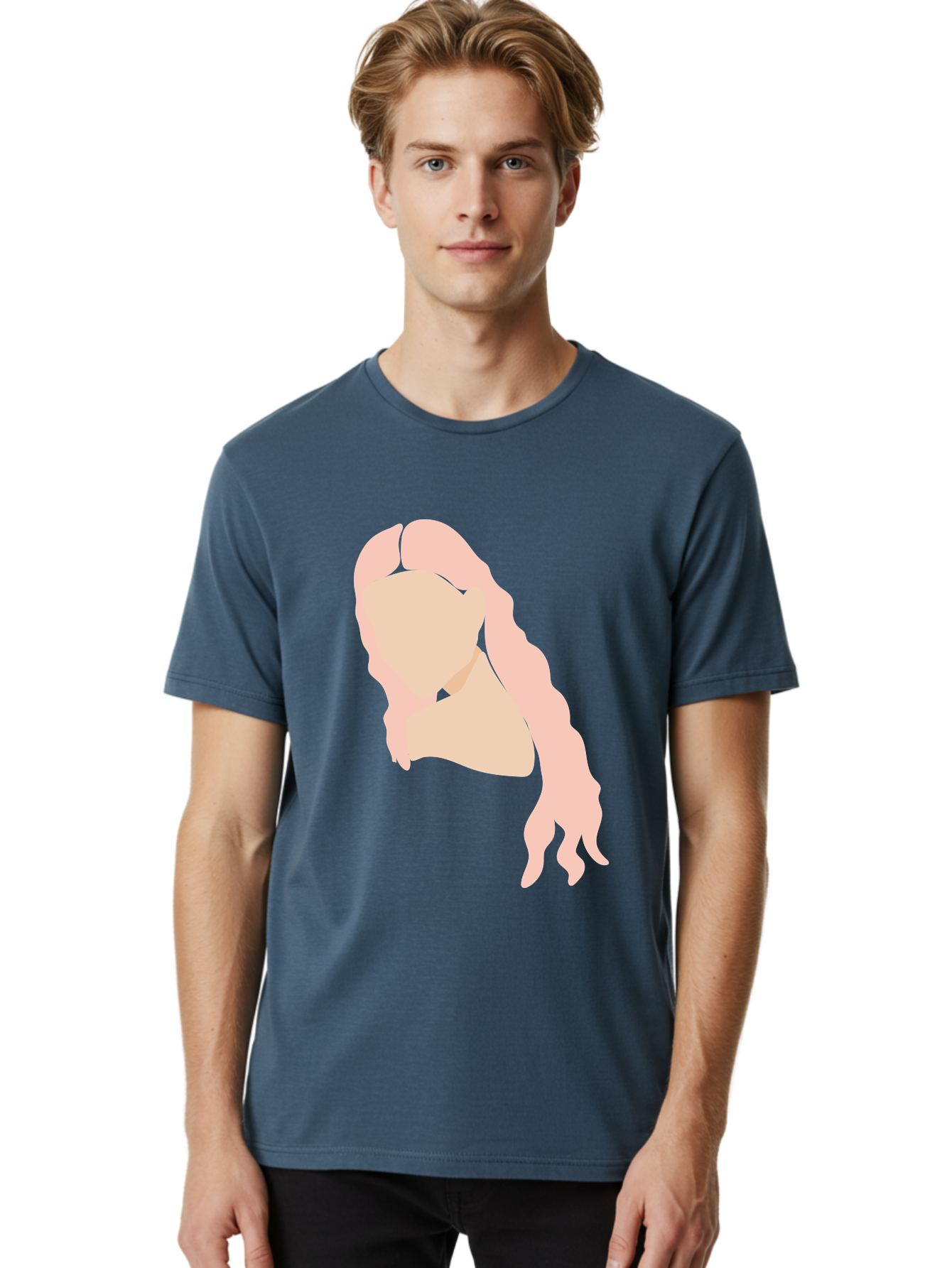 Woman-Silhouette Men'S Graphic Tee, 100% Cotton, Comfortable Casual Summer Wear, Machine Washable, Woman Portrait, Pink Silhouette, Wavy Hair, Minimalist Design, Modern Art, Portrait Illustration, Soft Pink Tones, Simple Shapes Aae067