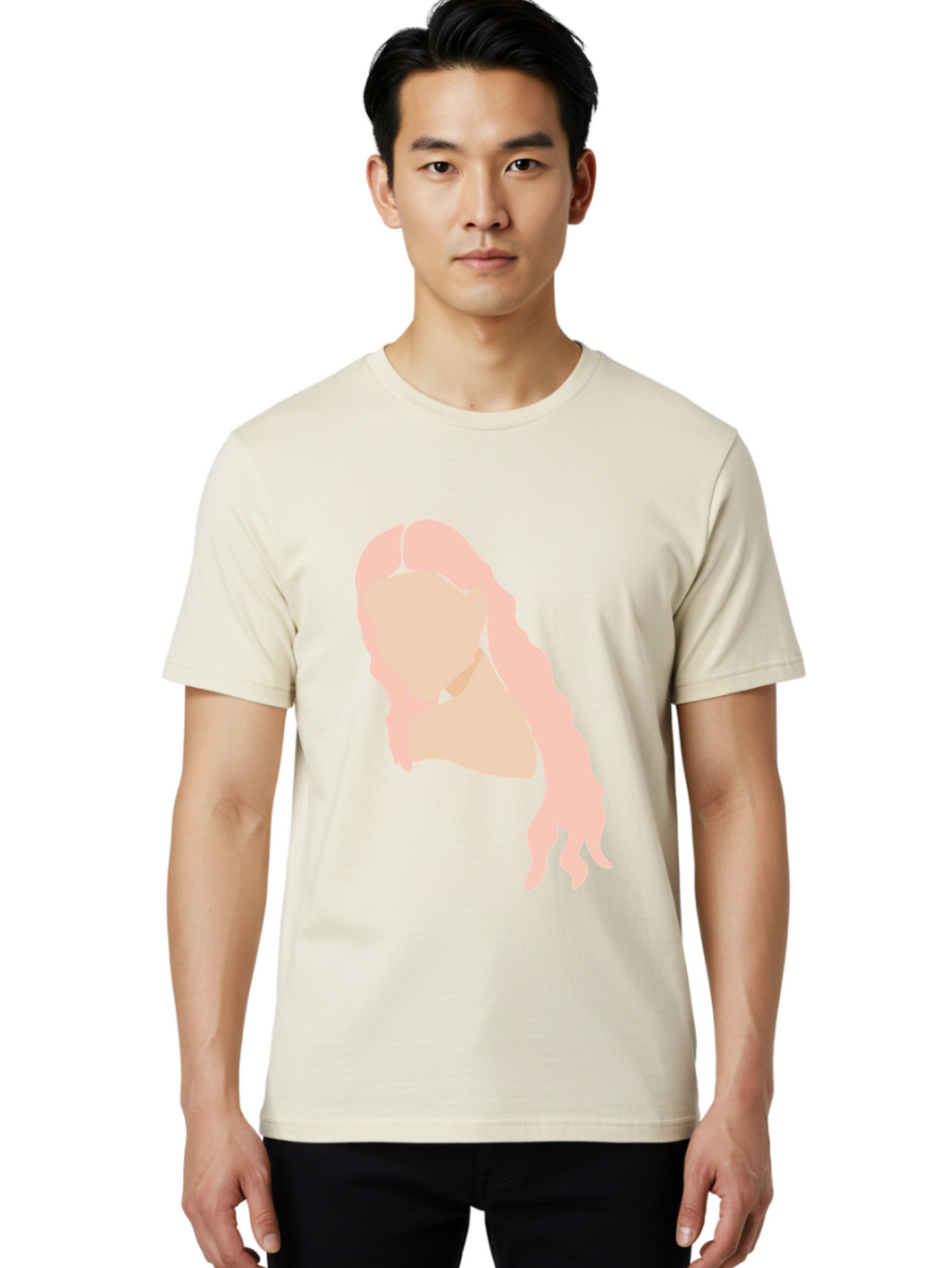 Woman-Silhouette Men'S Graphic Tee, 100% Cotton, Comfortable Casual Summer Wear, Machine Washable, Woman Portrait, Pink Silhouette, Wavy Hair, Minimalist Design, Modern Art, Portrait Illustration, Soft Pink Tones, Simple Shapes Aae067