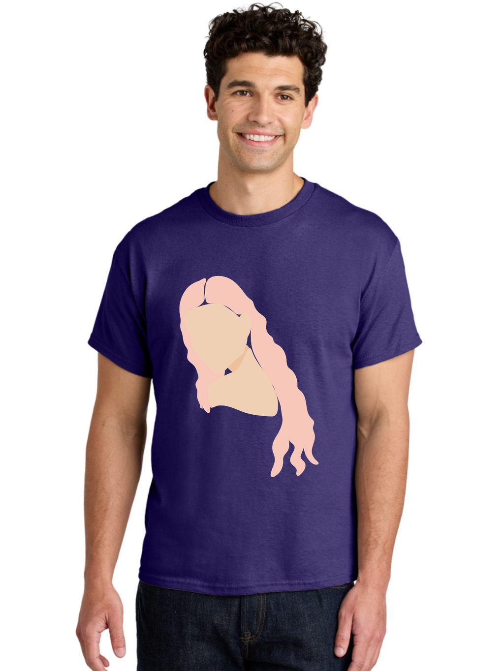 Woman-Silhouette Men'S Graphic Tee, 100% Cotton, Comfortable Casual Summer Wear, Machine Washable, Woman Portrait, Pink Silhouette, Wavy Hair, Minimalist Design, Modern Art, Portrait Illustration, Soft Pink Tones, Simple Shapes Aae067