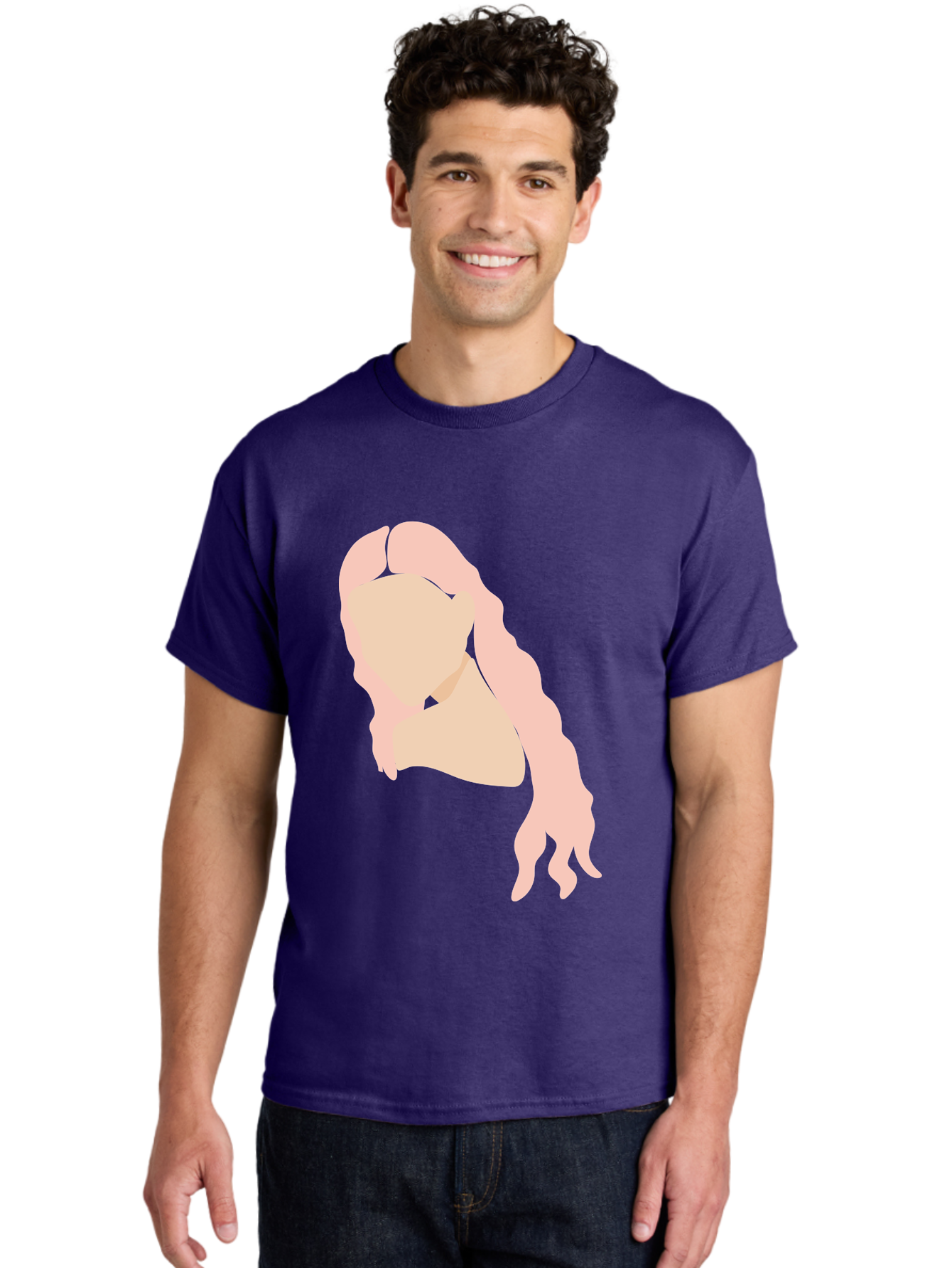 Woman-Silhouette Men'S Graphic Tee, 100% Cotton, Comfortable Casual Summer Wear, Machine Washable, Woman Portrait, Pink Silhouette, Wavy Hair, Minimalist Design, Modern Art, Portrait Illustration, Soft Pink Tones, Simple Shapes Aae067