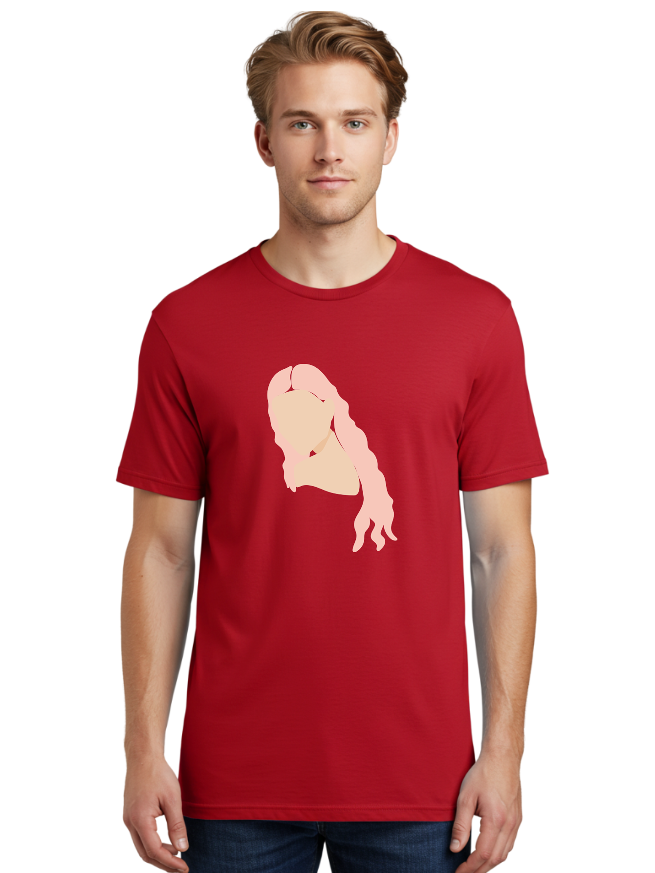 Woman-Silhouette Men'S Graphic Tee, 100% Cotton, Comfortable Casual Summer Wear, Machine Washable, Woman Portrait, Pink Silhouette, Wavy Hair, Minimalist Design, Modern Art, Portrait Illustration, Soft Pink Tones, Simple Shapes Aae067