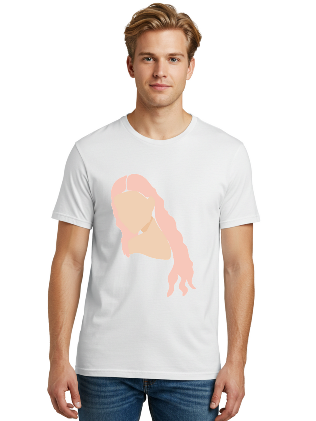 Woman-Silhouette Men'S Graphic Tee, 100% Cotton, Comfortable Casual Summer Wear, Machine Washable, Woman Portrait, Pink Silhouette, Wavy Hair, Minimalist Design, Modern Art, Portrait Illustration, Soft Pink Tones, Simple Shapes Aae067