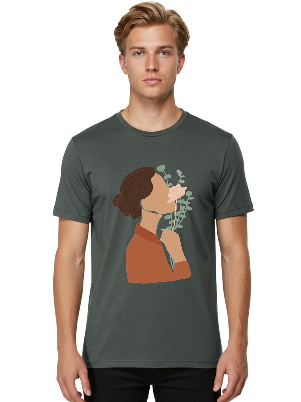 Woman-Smelling-Flower Men'S Graphic Tee, 100% Cotton, Comfortable Casual Summer Wear, Machine Washable, Woman Smelling Flowers, Blooming Flowers, Floral Scent, Serene Atmosphere, Gentle Gesture, Digital Illustration, Modern Art, Aae068