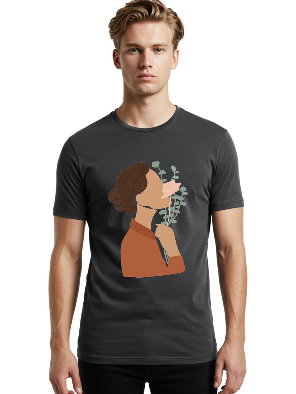 Woman-Smelling-Flower Men'S Graphic Tee, 100% Cotton, Comfortable Casual Summer Wear, Machine Washable, Woman Smelling Flowers, Blooming Flowers, Floral Scent, Serene Atmosphere, Gentle Gesture, Digital Illustration, Modern Art, Aae068