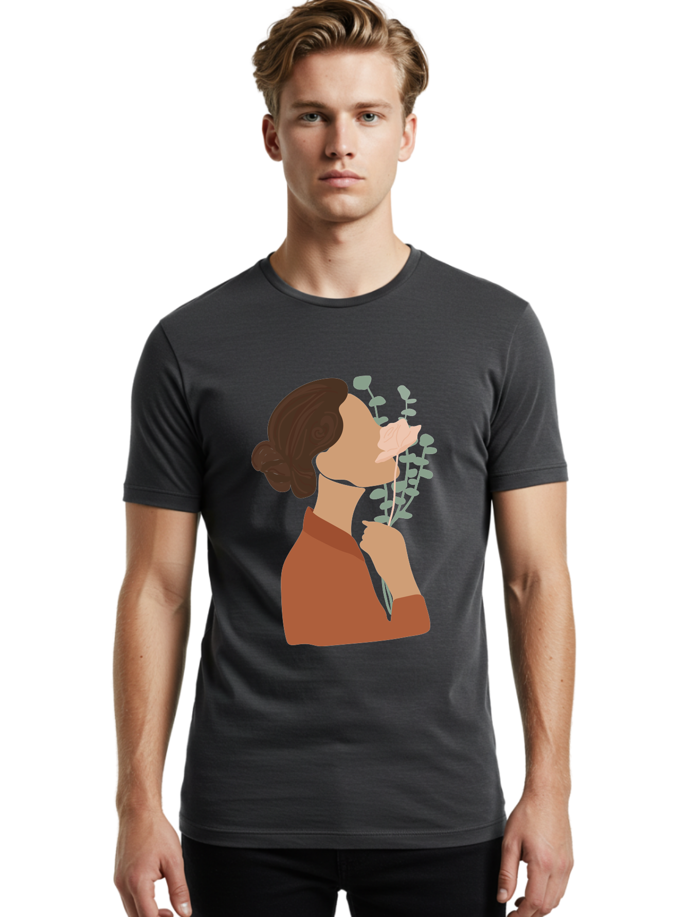 Woman-Smelling-Flower Men'S Graphic Tee, 100% Cotton, Comfortable Casual Summer Wear, Machine Washable, Woman Smelling Flowers, Blooming Flowers, Floral Scent, Serene Atmosphere, Gentle Gesture, Digital Illustration, Modern Art, Aae068