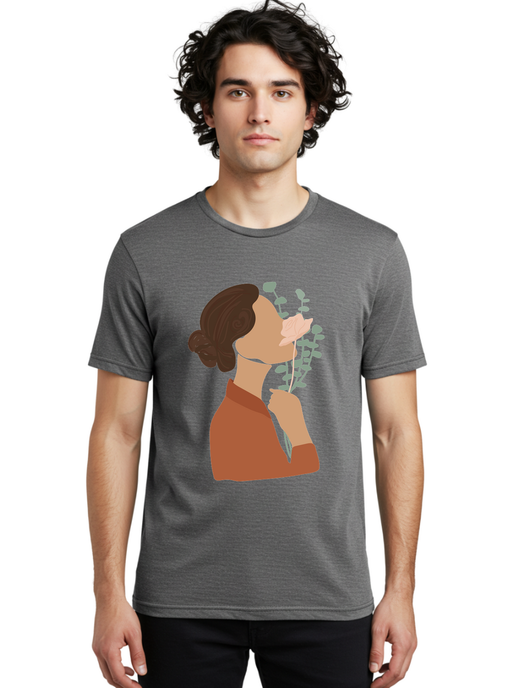 Woman-Smelling-Flower Men'S Graphic Tee, 100% Cotton, Comfortable Casual Summer Wear, Machine Washable, Woman Smelling Flowers, Blooming Flowers, Floral Scent, Serene Atmosphere, Gentle Gesture, Digital Illustration, Modern Art, Aae068