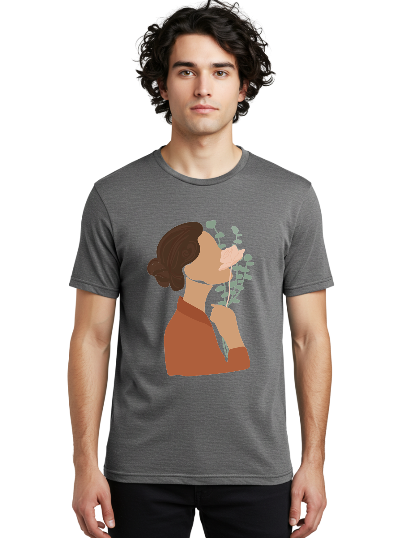 Woman-Smelling-Flower Men'S Graphic Tee, 100% Cotton, Comfortable Casual Summer Wear, Machine Washable, Woman Smelling Flowers, Blooming Flowers, Floral Scent, Serene Atmosphere, Gentle Gesture, Digital Illustration, Modern Art, Aae068