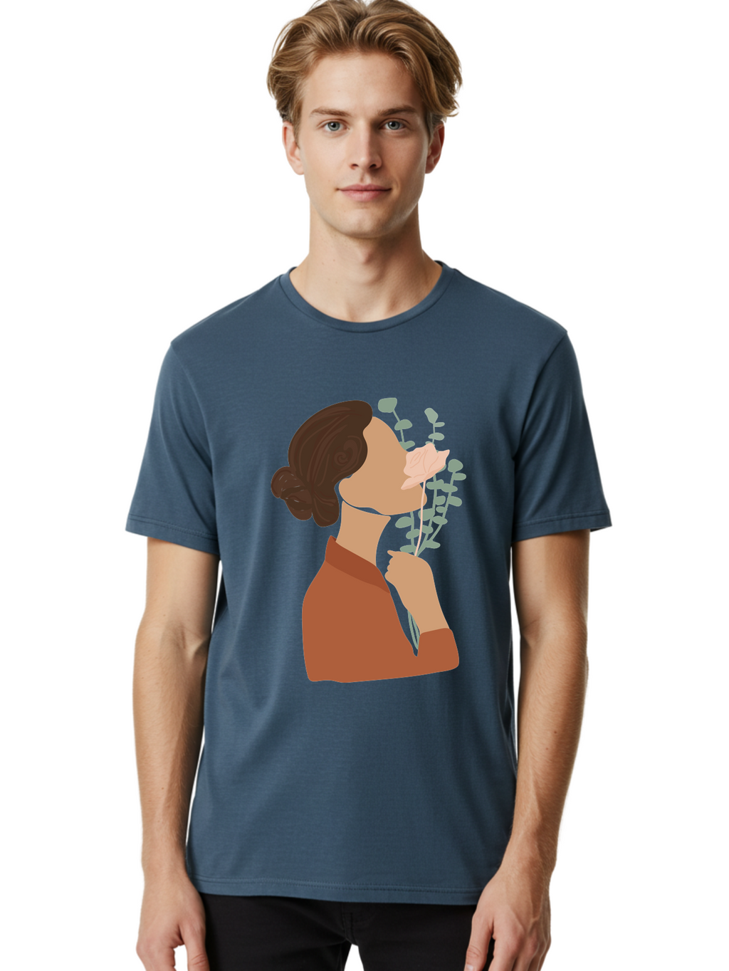 Woman-Smelling-Flower Men'S Graphic Tee, 100% Cotton, Comfortable Casual Summer Wear, Machine Washable, Woman Smelling Flowers, Blooming Flowers, Floral Scent, Serene Atmosphere, Gentle Gesture, Digital Illustration, Modern Art, Aae068