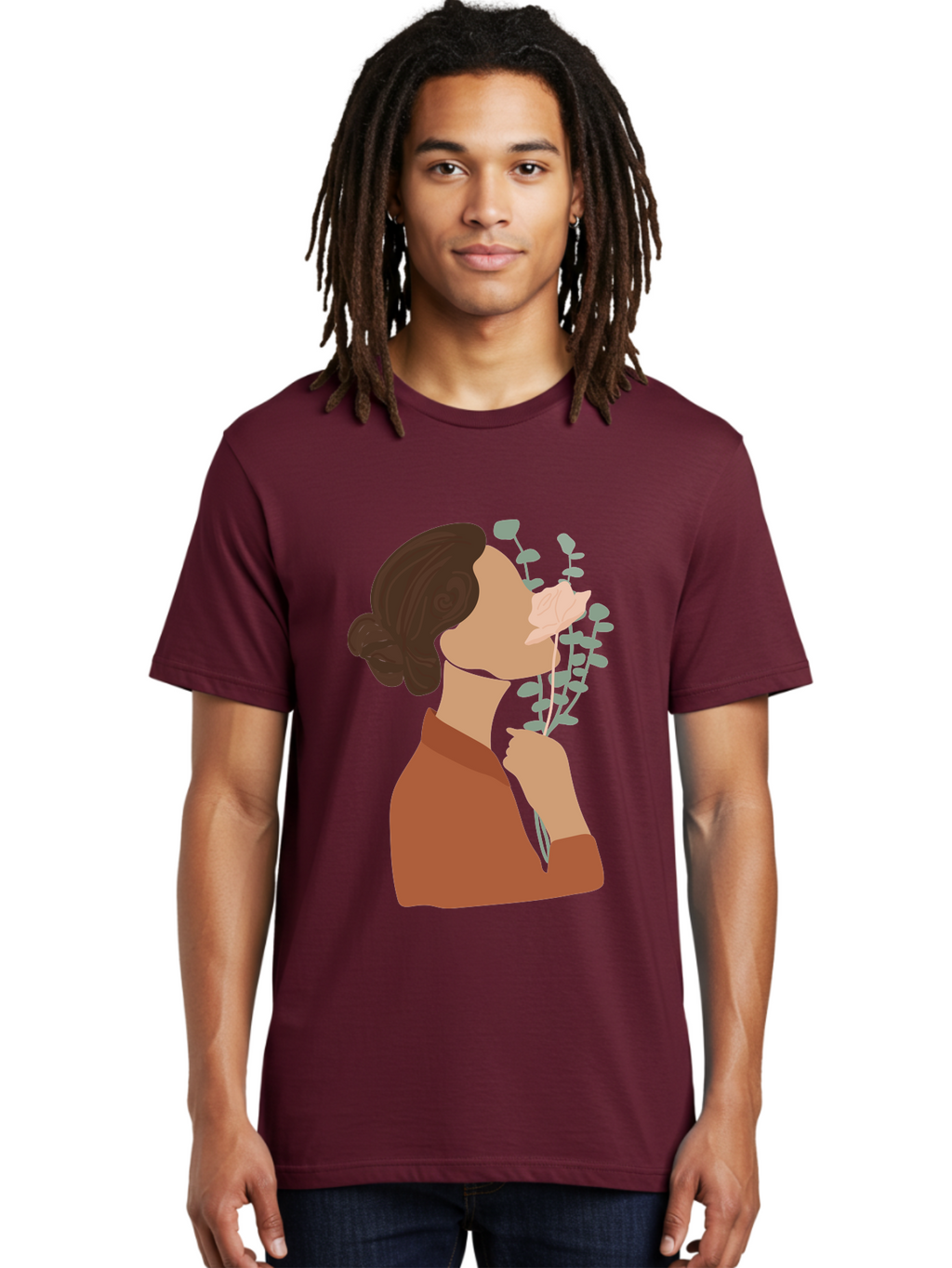 Woman-Smelling-Flower Men'S Graphic Tee, 100% Cotton, Comfortable Casual Summer Wear, Machine Washable, Woman Smelling Flowers, Blooming Flowers, Floral Scent, Serene Atmosphere, Gentle Gesture, Digital Illustration, Modern Art, Aae068