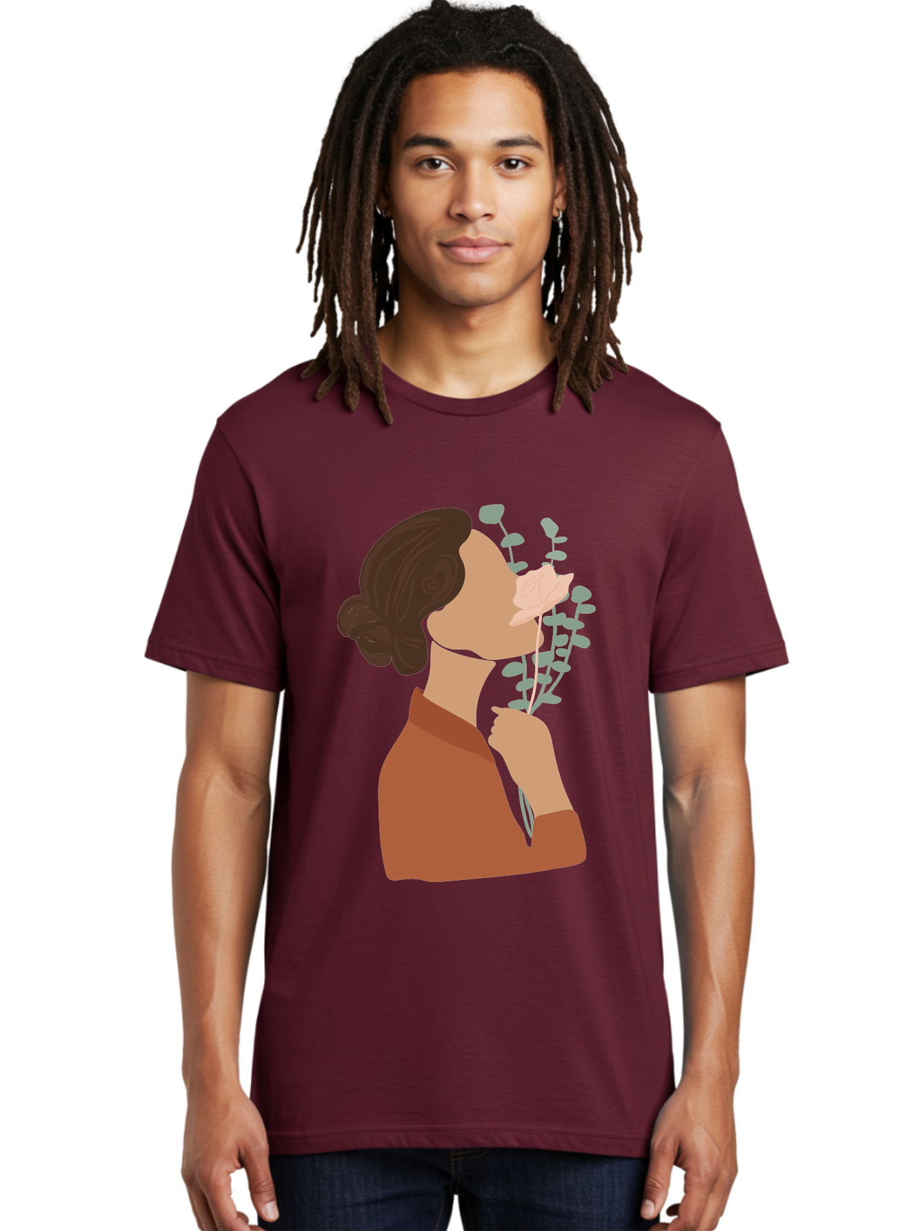 Woman-Smelling-Flower Men'S Graphic Tee, 100% Cotton, Comfortable Casual Summer Wear, Machine Washable, Woman Smelling Flowers, Blooming Flowers, Floral Scent, Serene Atmosphere, Gentle Gesture, Digital Illustration, Modern Art, Aae068