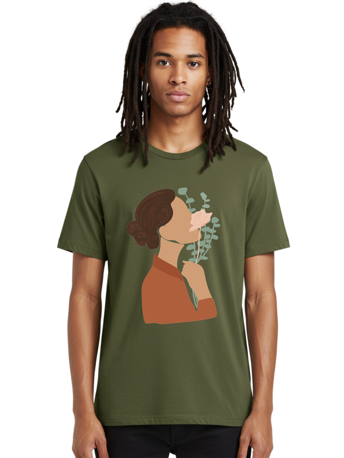 Woman-Smelling-Flower Men'S Graphic Tee, 100% Cotton, Comfortable Casual Summer Wear, Machine Washable, Woman Smelling Flowers, Blooming Flowers, Floral Scent, Serene Atmosphere, Gentle Gesture, Digital Illustration, Modern Art, Aae068