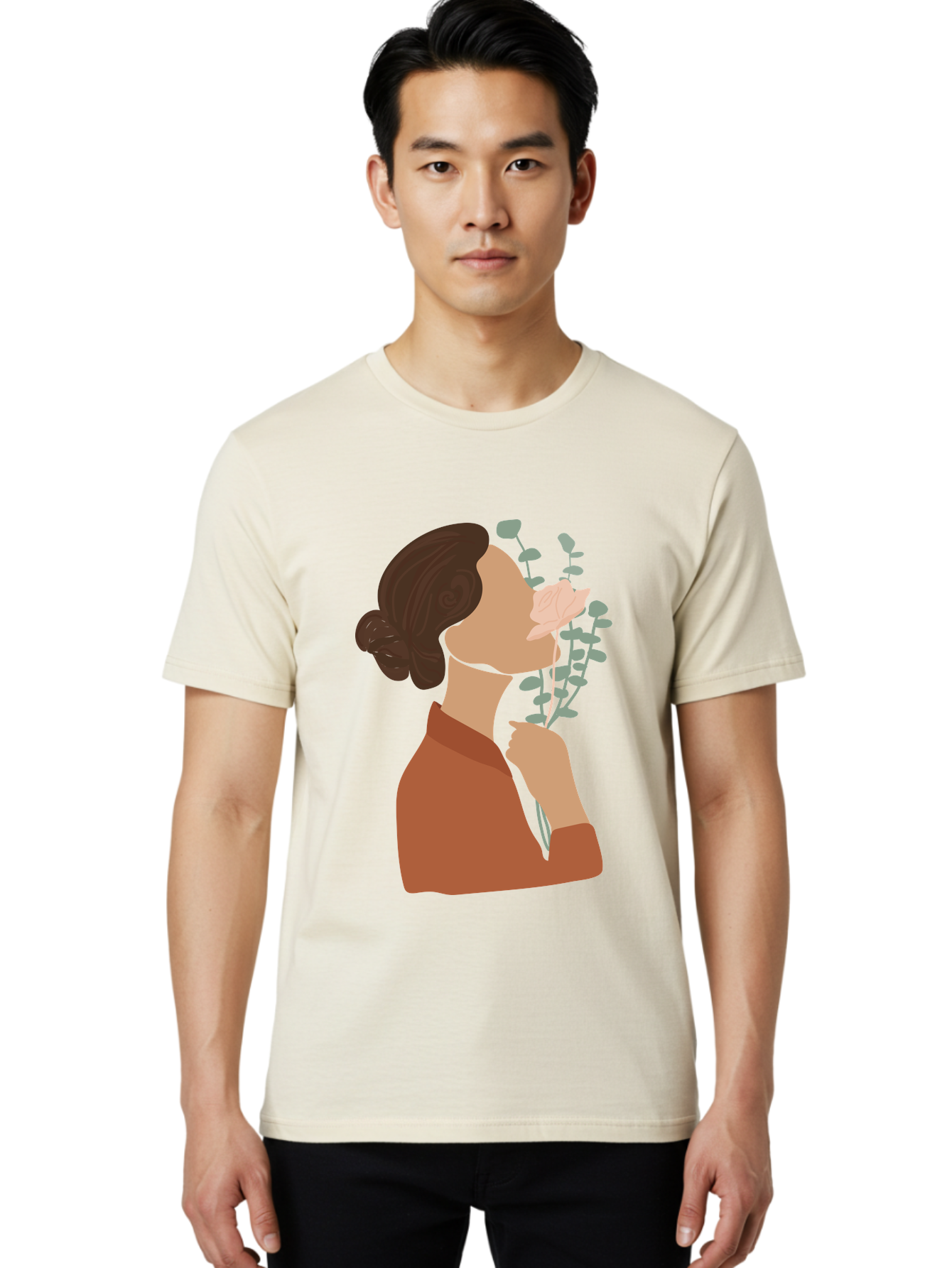 Woman-Smelling-Flower Men'S Graphic Tee, 100% Cotton, Comfortable Casual Summer Wear, Machine Washable, Woman Smelling Flowers, Blooming Flowers, Floral Scent, Serene Atmosphere, Gentle Gesture, Digital Illustration, Modern Art, Aae068