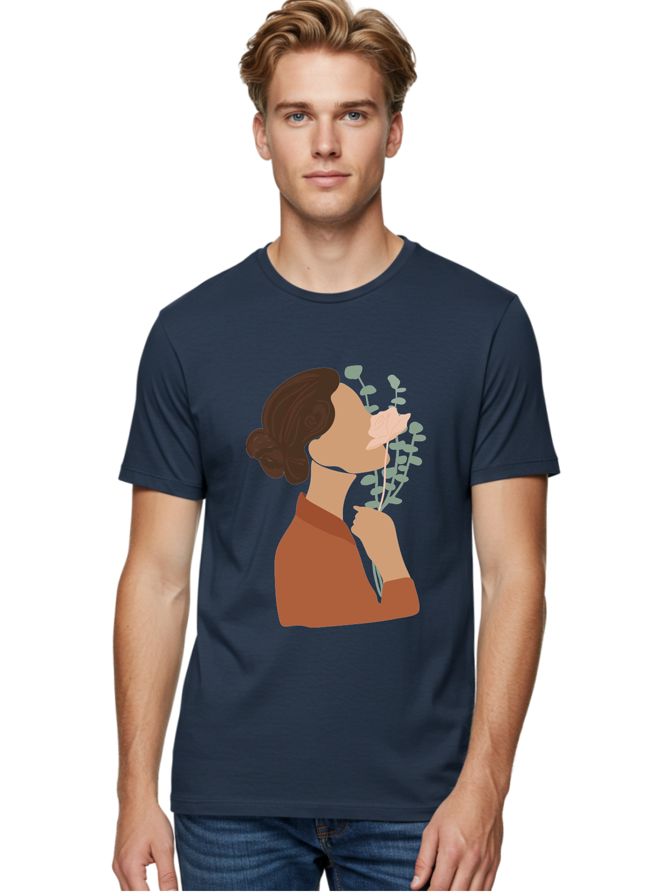 Woman-Smelling-Flower Men'S Graphic Tee, 100% Cotton, Comfortable Casual Summer Wear, Machine Washable, Woman Smelling Flowers, Blooming Flowers, Floral Scent, Serene Atmosphere, Gentle Gesture, Digital Illustration, Modern Art, Aae068