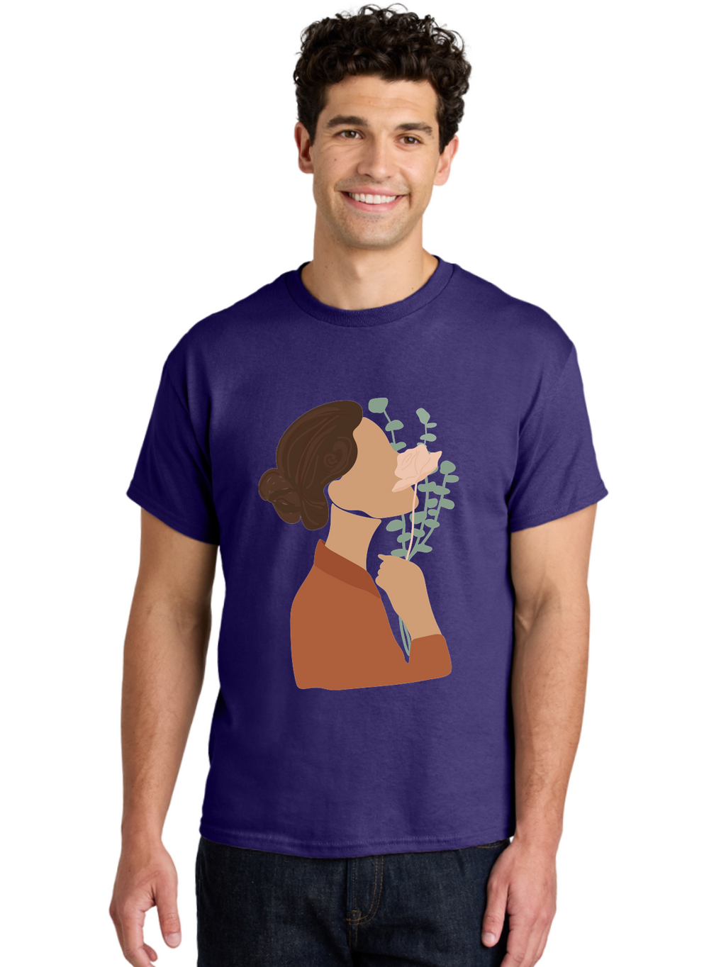 Woman-Smelling-Flower Men'S Graphic Tee, 100% Cotton, Comfortable Casual Summer Wear, Machine Washable, Woman Smelling Flowers, Blooming Flowers, Floral Scent, Serene Atmosphere, Gentle Gesture, Digital Illustration, Modern Art, Aae068