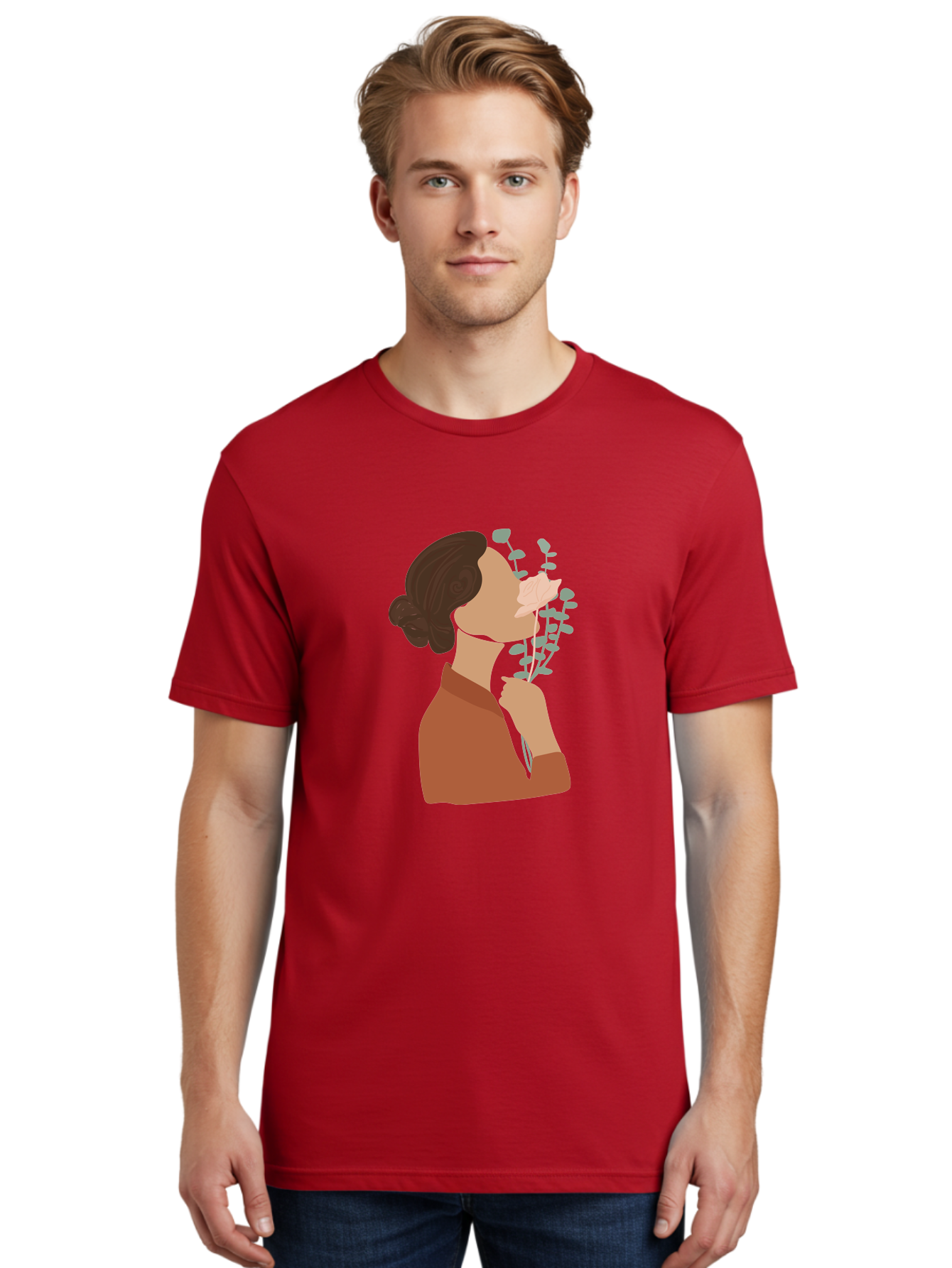 Woman-Smelling-Flower Men'S Graphic Tee, 100% Cotton, Comfortable Casual Summer Wear, Machine Washable, Woman Smelling Flowers, Blooming Flowers, Floral Scent, Serene Atmosphere, Gentle Gesture, Digital Illustration, Modern Art, Aae068